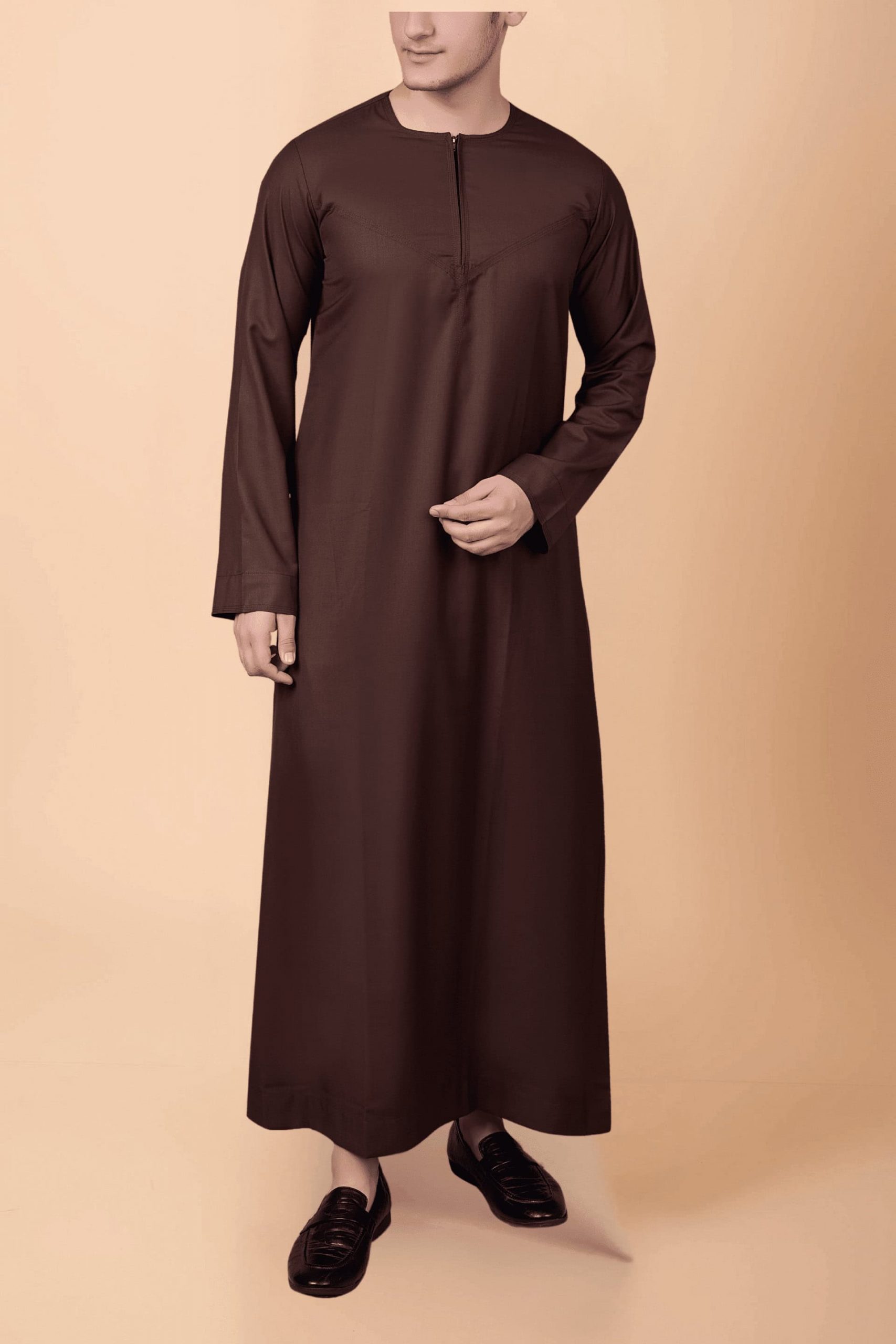 Modern Deep Brown Zip-Neck Thobe for Men – Minimal Classic Design - Image 7 - Ruby Online