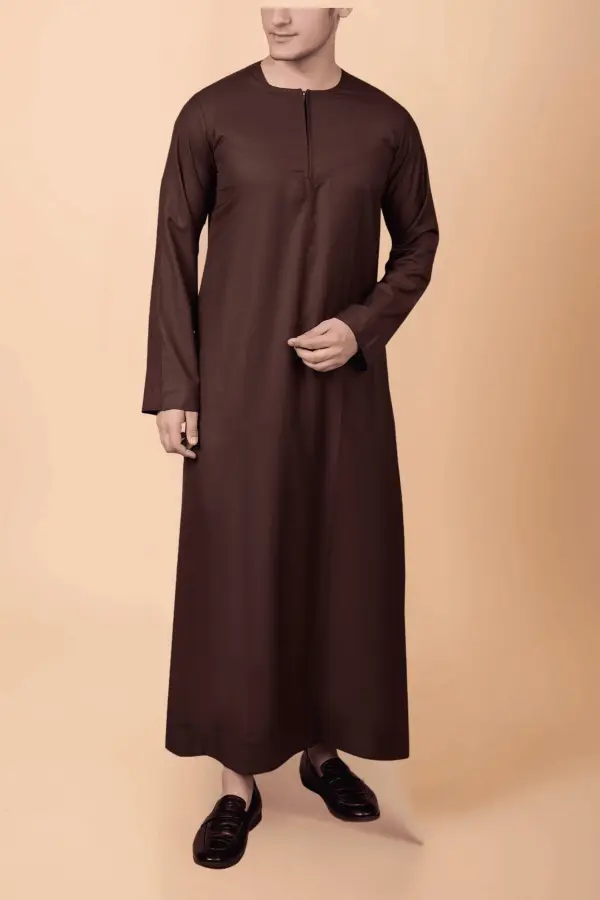 Modern Deep Brown Zip-Neck Thobe for Men – Minimal Classic Design - Image 3 - Ruby Online