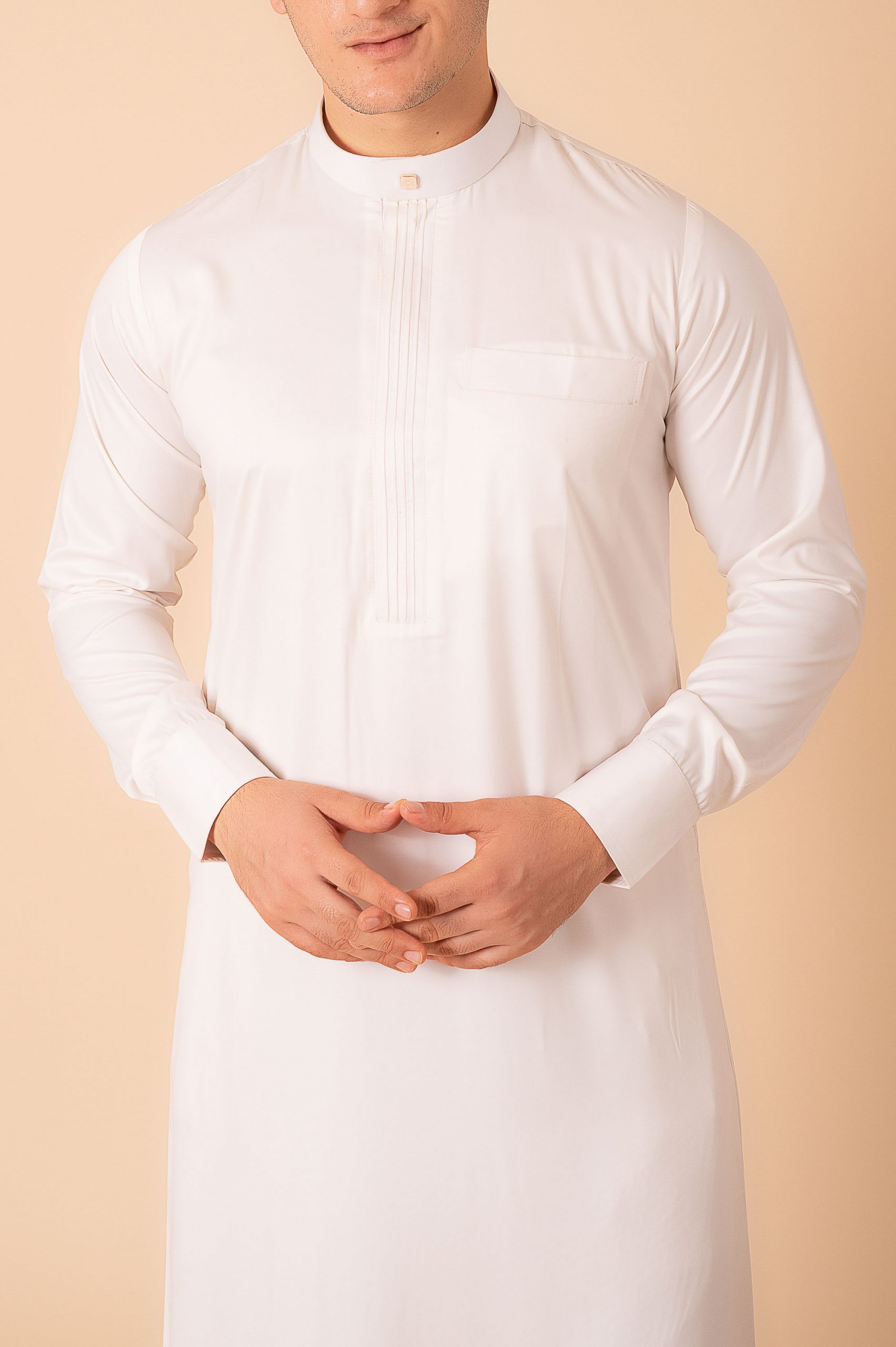 Premium Cream White Classic Thobe with Pleated Front Panel & Band Collar - Image 8 - Ruby Online
