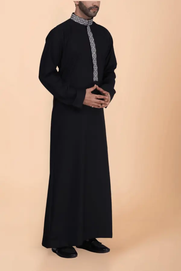 Black Thobe with Grey Geometric Embroidery Strip & Band Collar