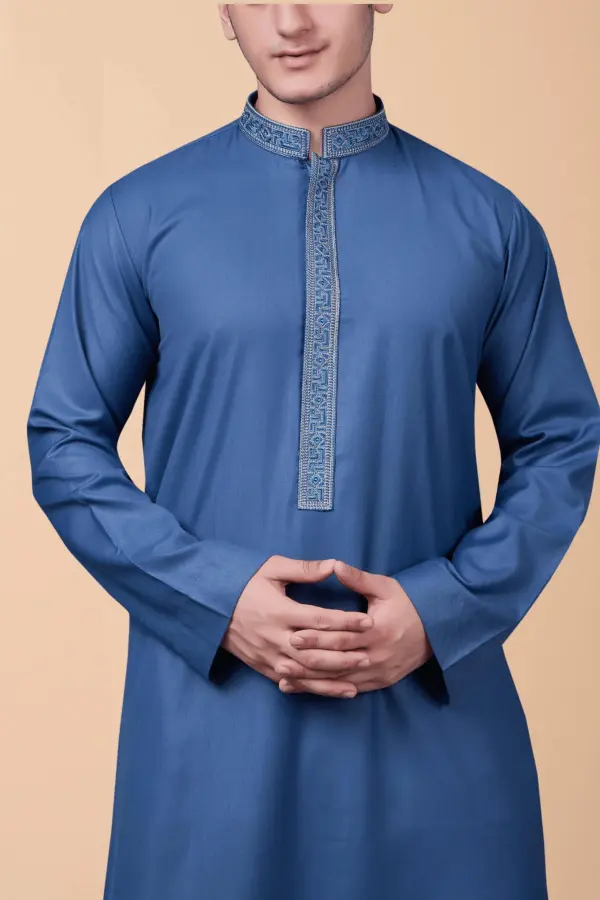 Steel Blue Emirati Thobe with Silver Geometric Embroidered Collar & Placket - Image 4 - Ruby Online