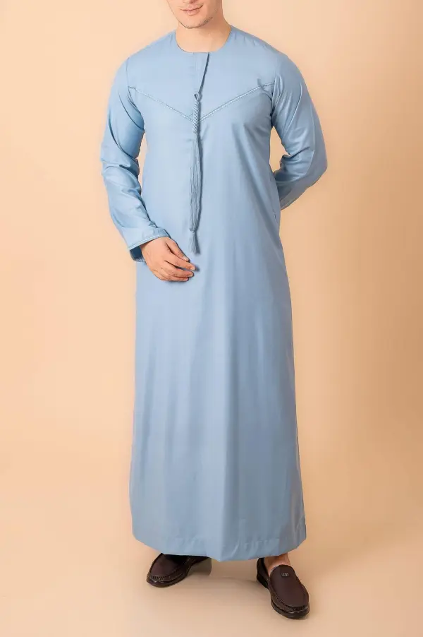 Premium Light Blue Emirati Tassel Thobe for Men – Elegant Braided Front Kandura Style - Image 2 - Ruby Online