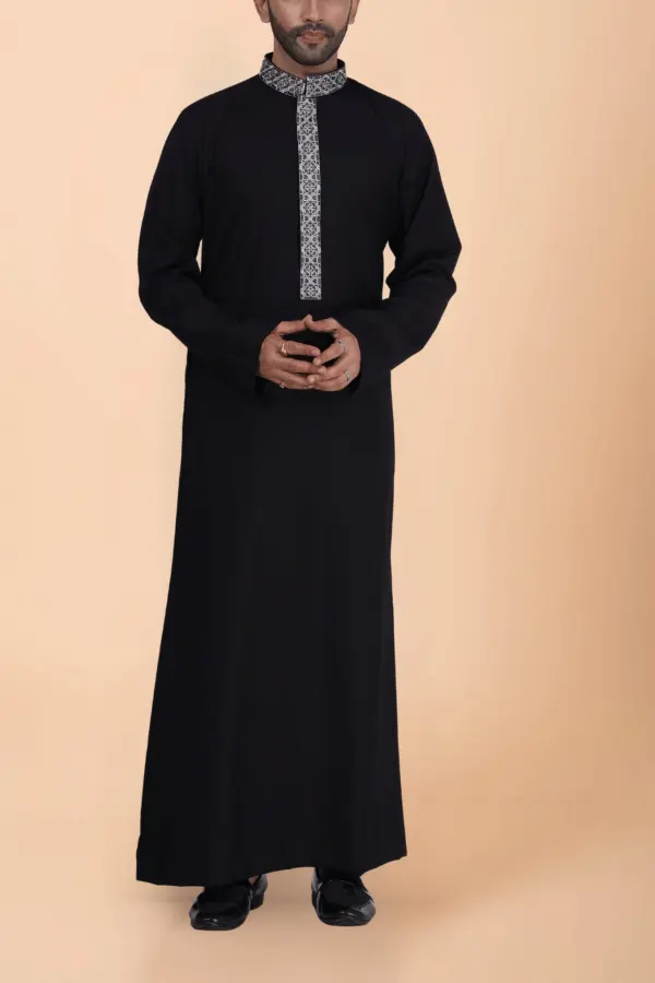 Black Thobe with Grey Geometric Embroidery Strip & Band Collar - Image 5 - Ruby Online