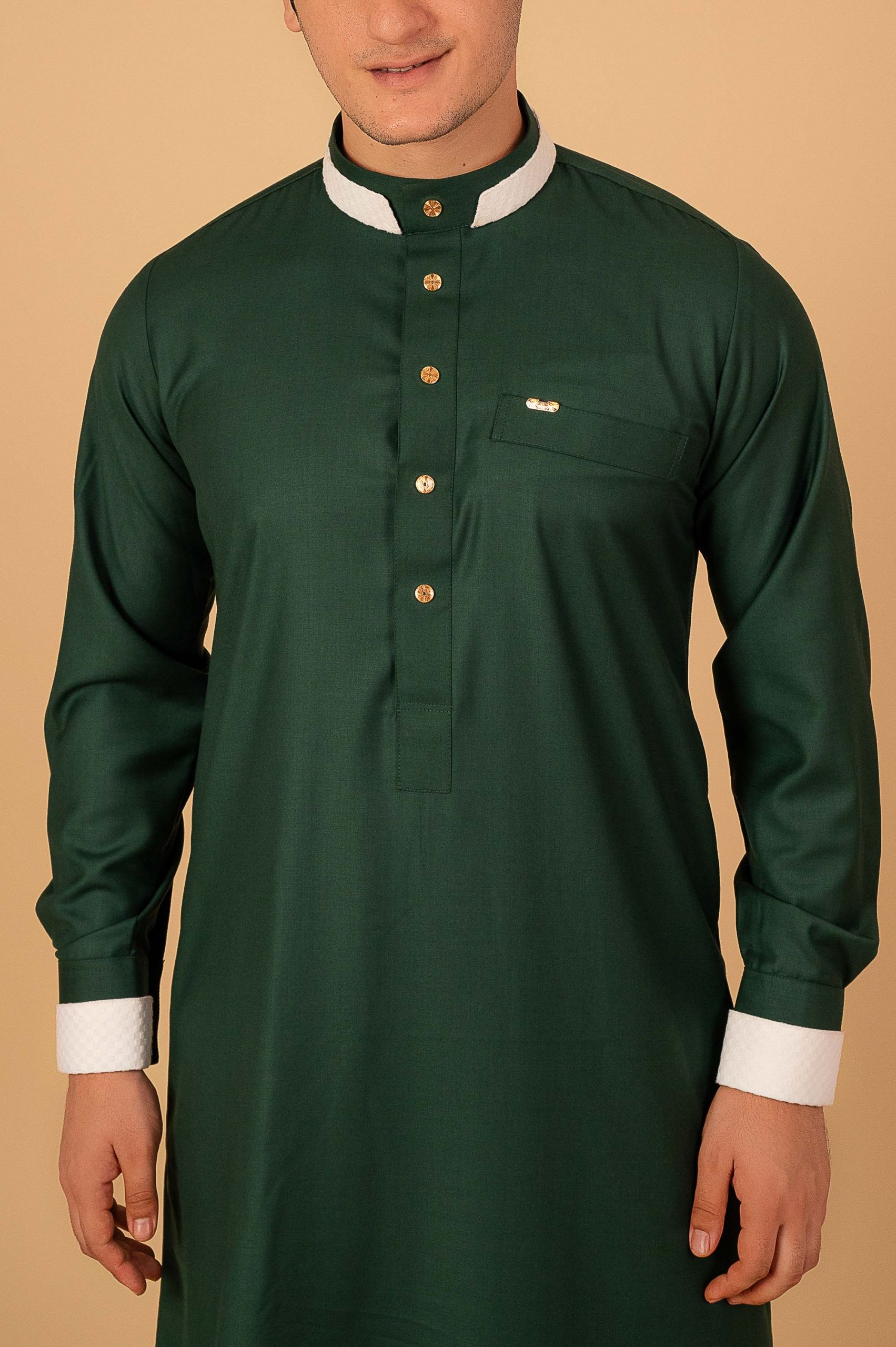 Premium Emerald Green Designer Thobe for Men with White Contrast Collar & Gold Button Detailing - Image 8 - Ruby Online