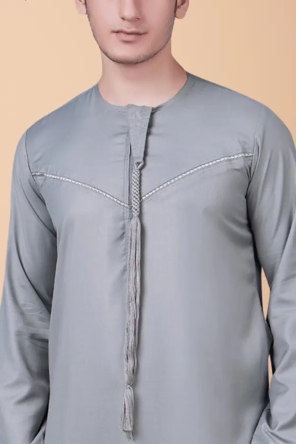 Premium Ash Grey Emirati Tassel Thobe with Signature Zigzag Embroidered Panel - Image 4 - Ruby Online