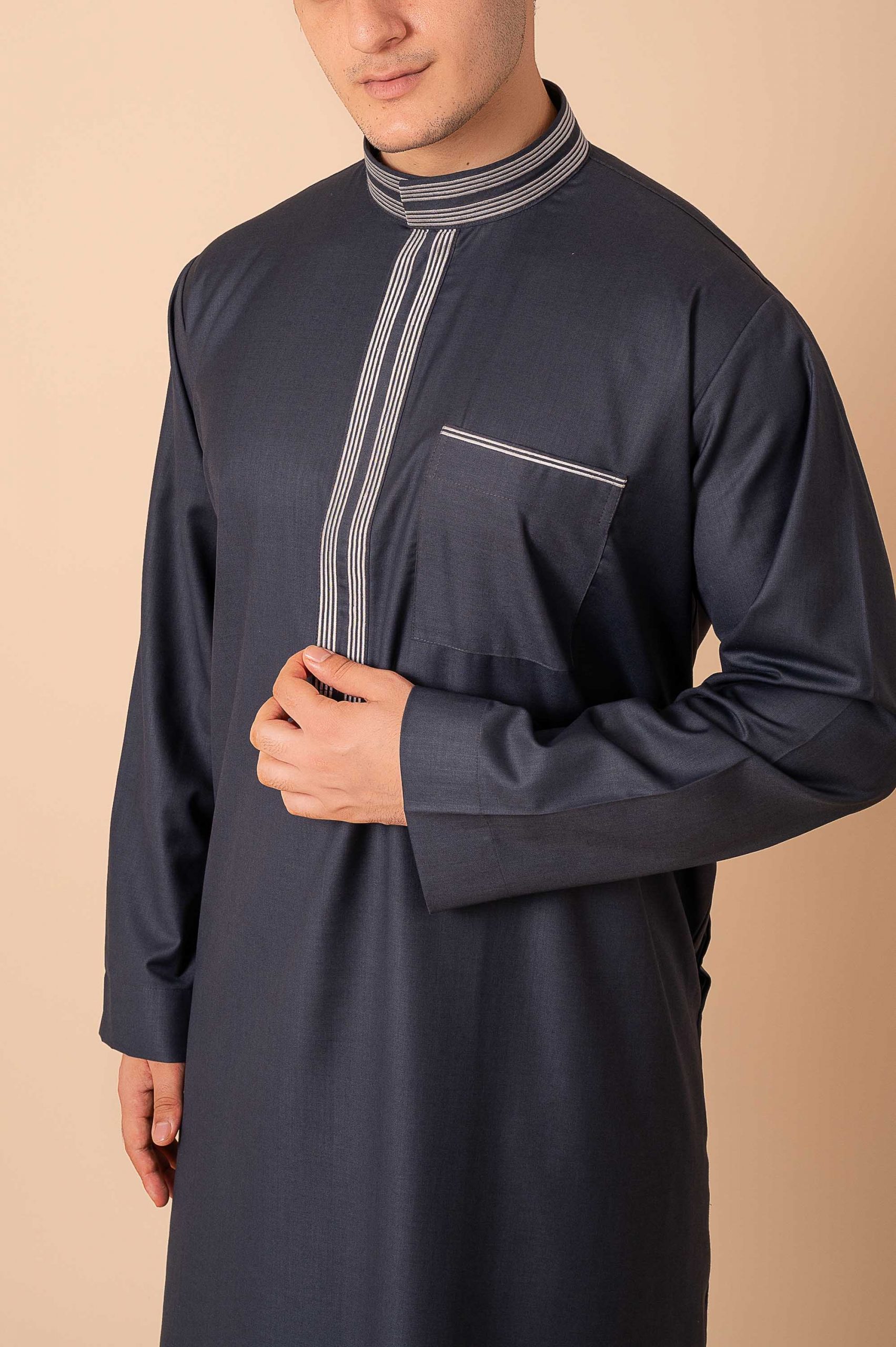 Premium Deep Charcoal Grey Emirati Designer Thobe with Striped Embroidered Placket - Image 9 - Ruby Online