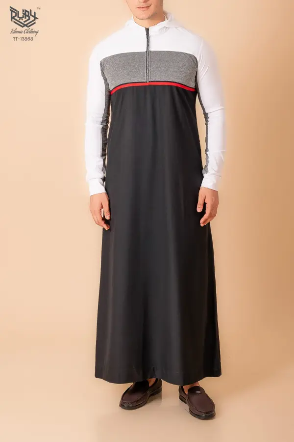 Men’s Black Hooded Thobe with White Sleeves & Red Stripe Panel - Image 3 - Ruby Online