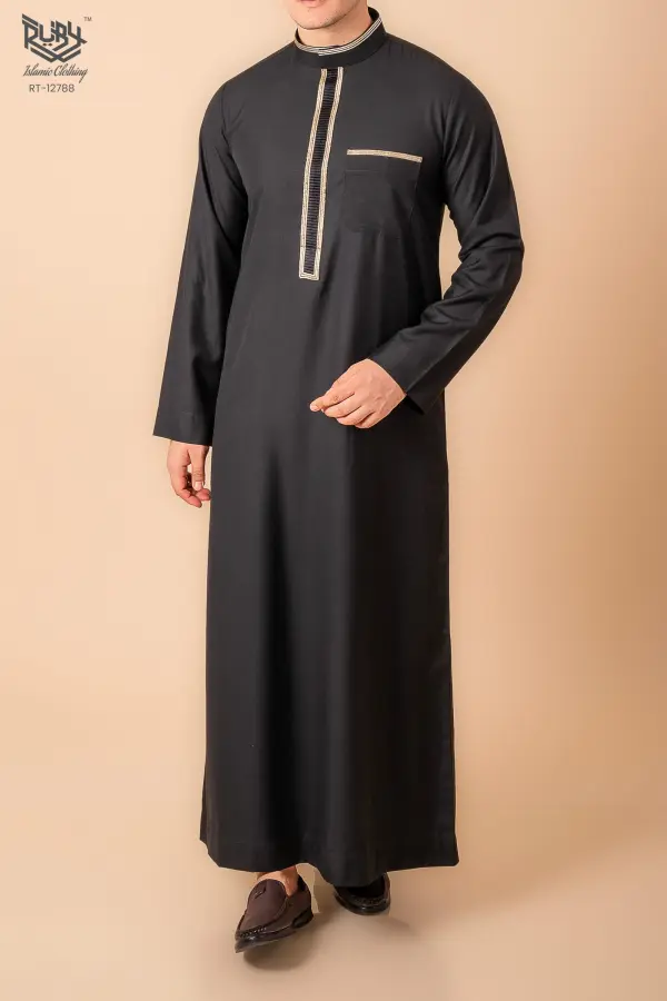 Jet Black Men’s Thobe with Gold Contrast Placket & Pocket Trim