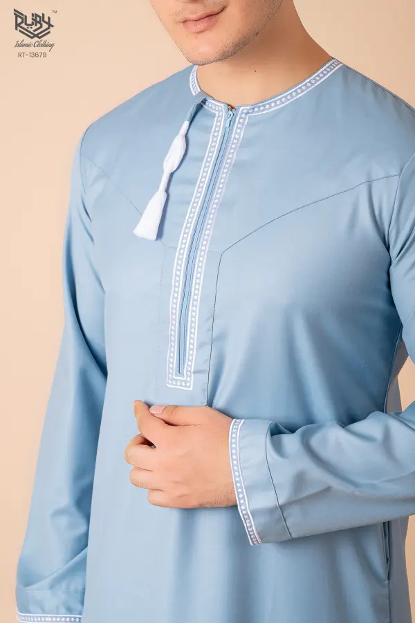 Light Sky Blue Omani Thobe with White Loop Embroidery & Tassel - Image 5 - Ruby Online
