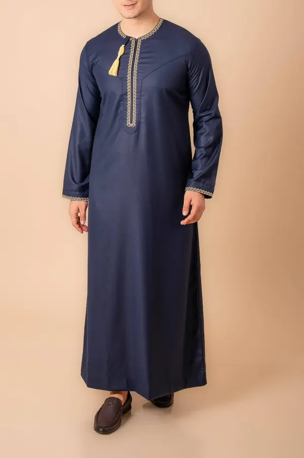 Navy Blue Omani Thobe with Gold Geometric Embroidery & Tassel