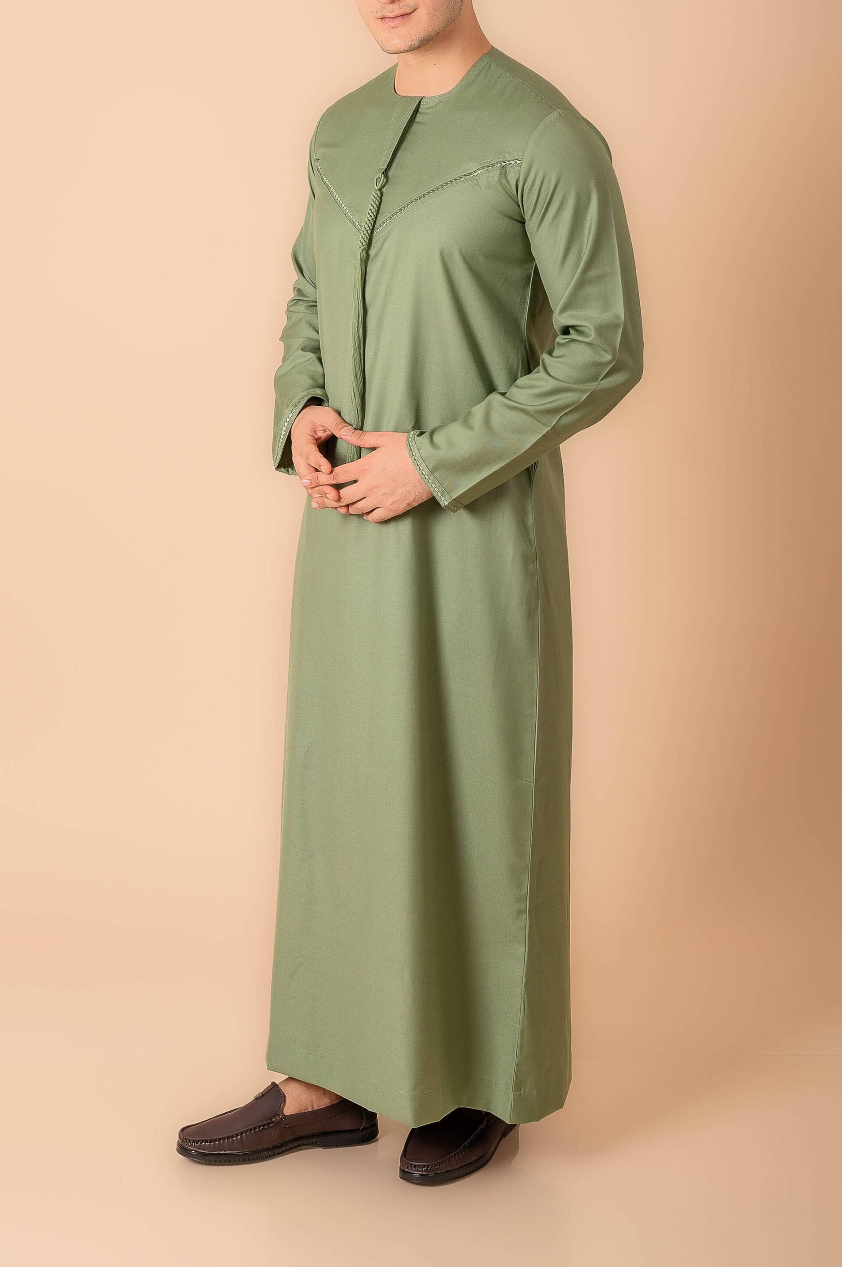 Premium Sage Green Emirati Tassel Thobe for Men – Light Grey Braided Front Kandura Design - Image 7 - Ruby Online