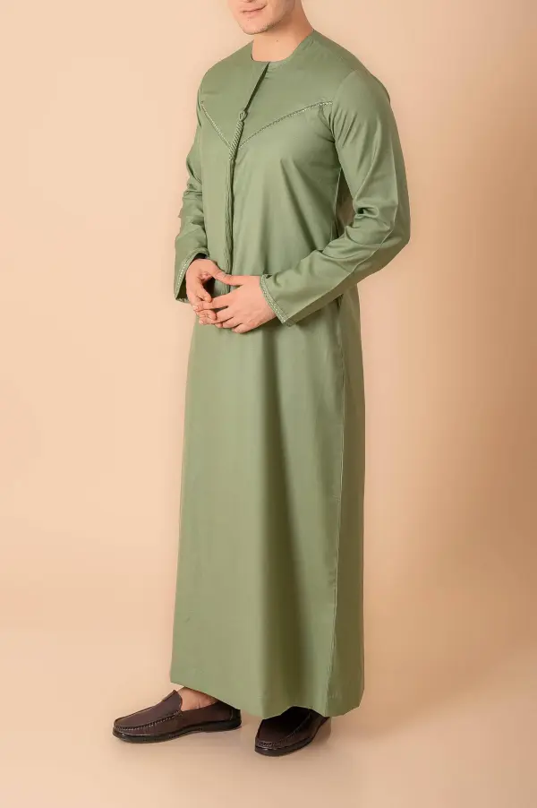 Premium Sage Green Emirati Tassel Thobe for Men – Light Grey Braided Front Kandura Design - Image 2 - Ruby Online
