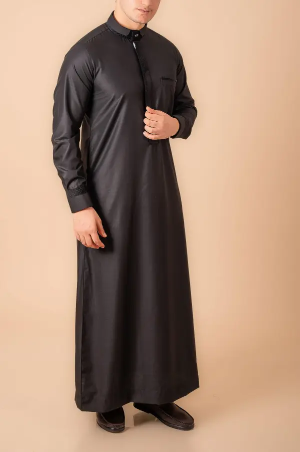 Premium Jet Black Designer Thobe for Men with Textured Trim Placket & Modern Band Collar - Image 3 - Ruby Online