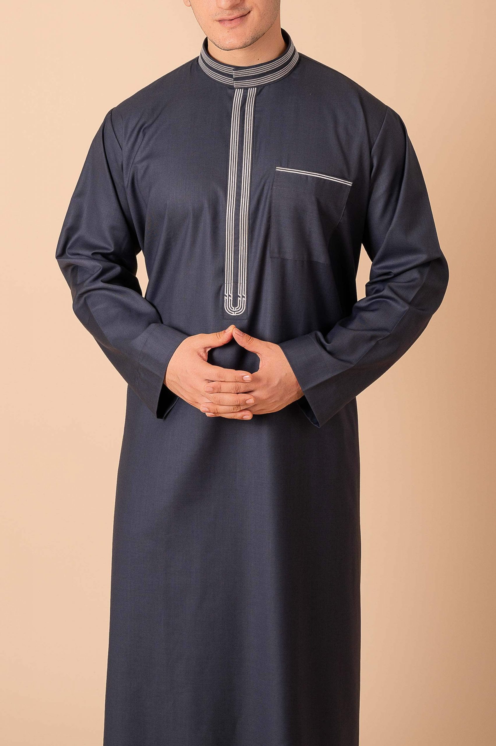 Premium Deep Charcoal Grey Emirati Designer Thobe with Striped Embroidered Placket - Image 7 - Ruby Online