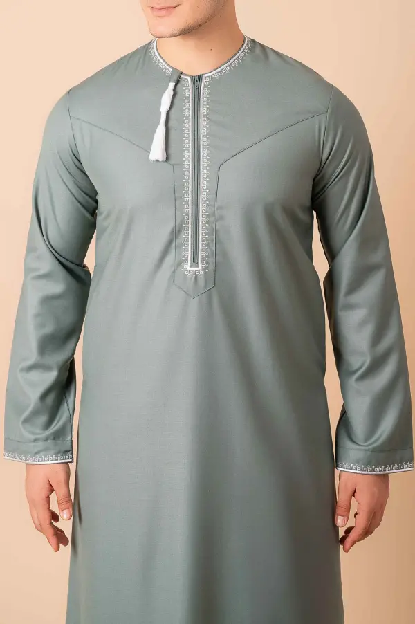 Sage Green Omani Thobe with Beige Geometric Embroidery & Tassel - Image 5 - Ruby Online