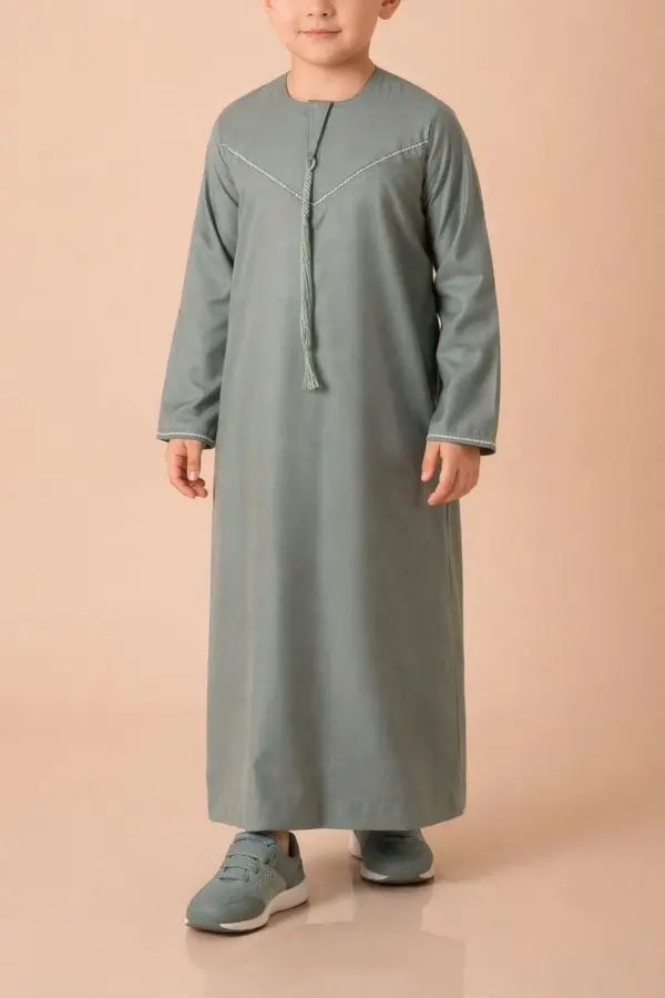 Premium Sage Green Emirati Kids Thobe with Contrast V-Stitch & Tassel
