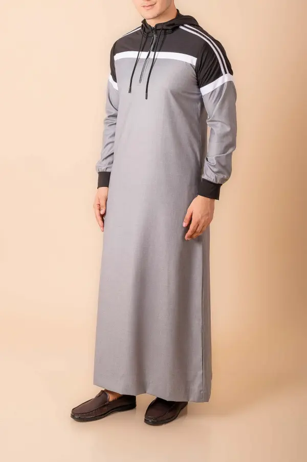 Men’s Light Grey Hooded Thobe with Black Panel & White Stripe Design