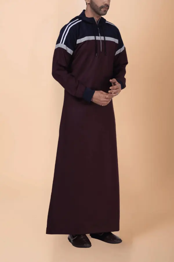 Men’s Maroon Hooded Thobe with Navy Panel & Grey Stripe Design - Image 5 - Ruby Online