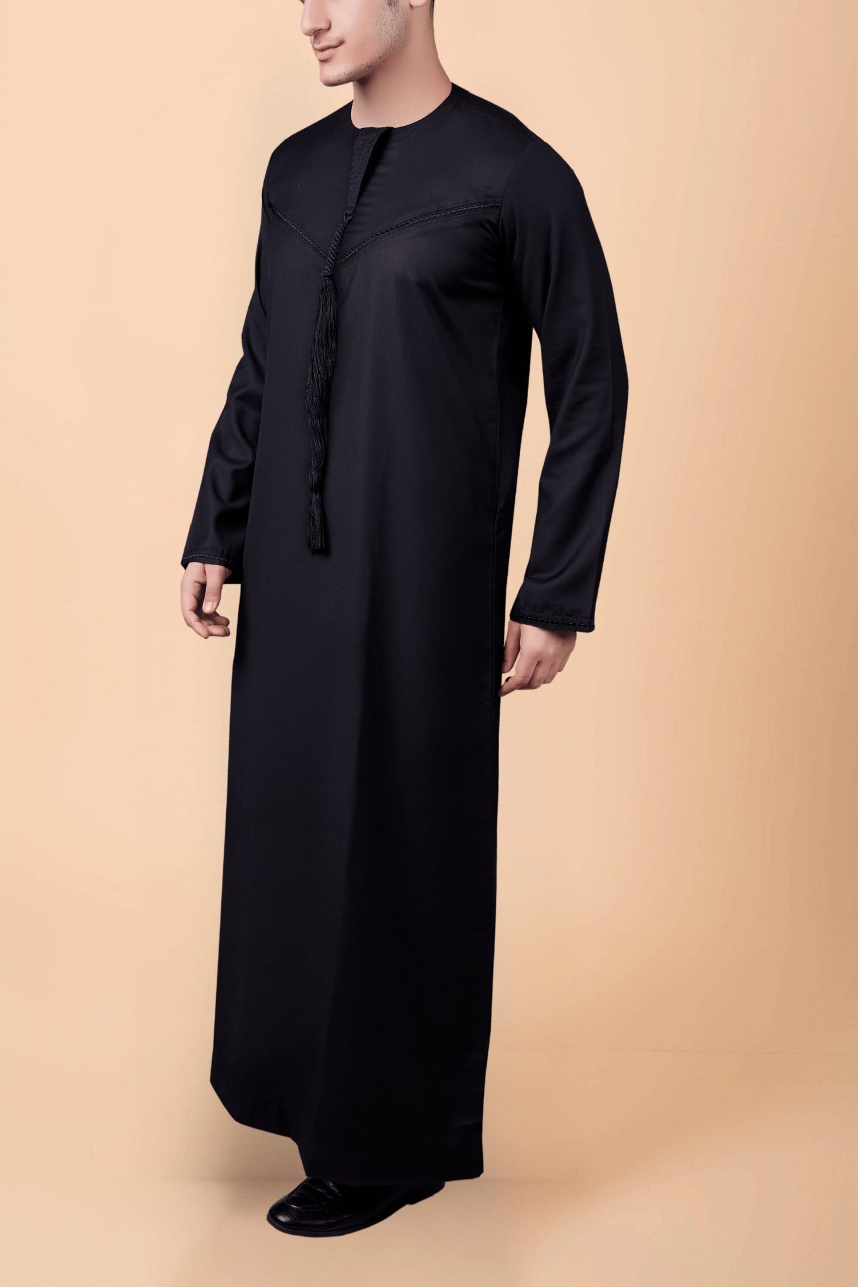 Men’s Black Emirati Tassel Thobe – Chevron Stitch Designer Kandura with Front Tassel - Image 6 - Ruby Online