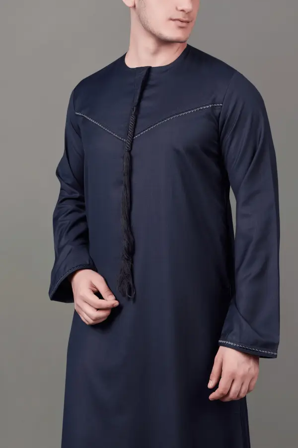 Premium Deep Dark Grey Emirati Tassel Thobe with Black Contrast Embroidery - Image 2 - Ruby Online