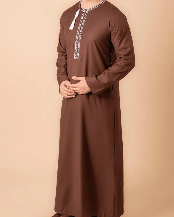 Coffee Brown Omani Thobe with White Geometric Embroidery & Tassel - Image 5 - Ruby Online