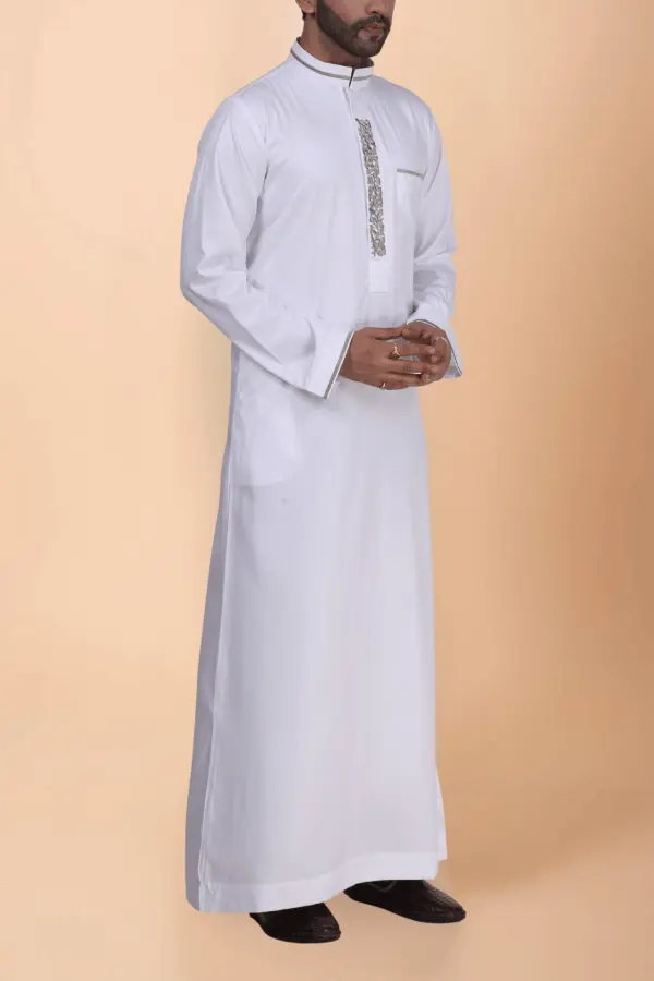 White Thobe with Beige Floral Embroidery Strip & Band Collar Design - Image 3 - Ruby Online