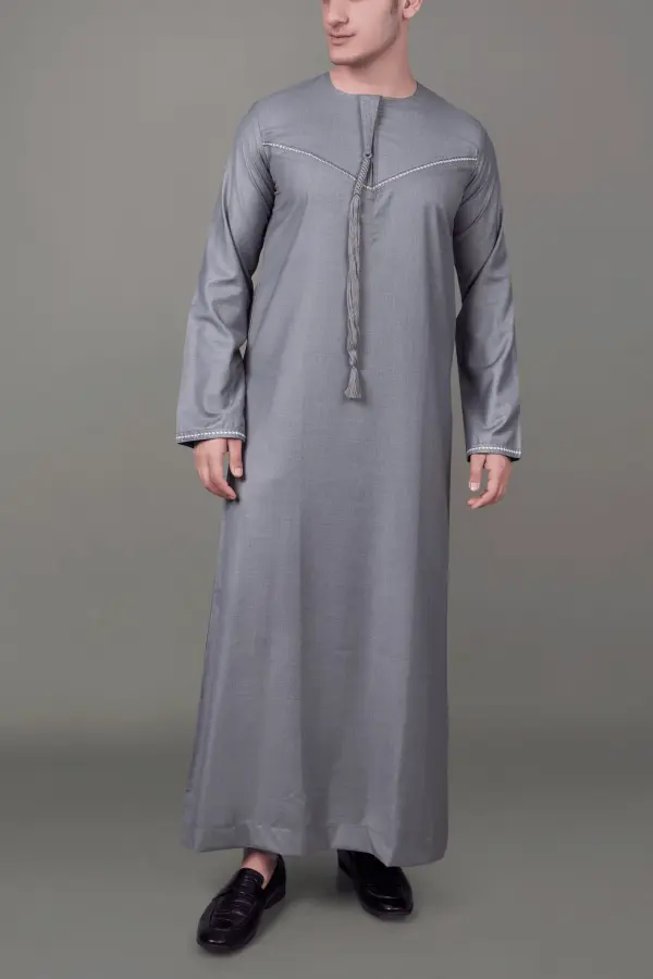 Premium Steel Grey Emirati Tassel Thobe with Silver Embroidered Detailing - Image 3 - Ruby Online