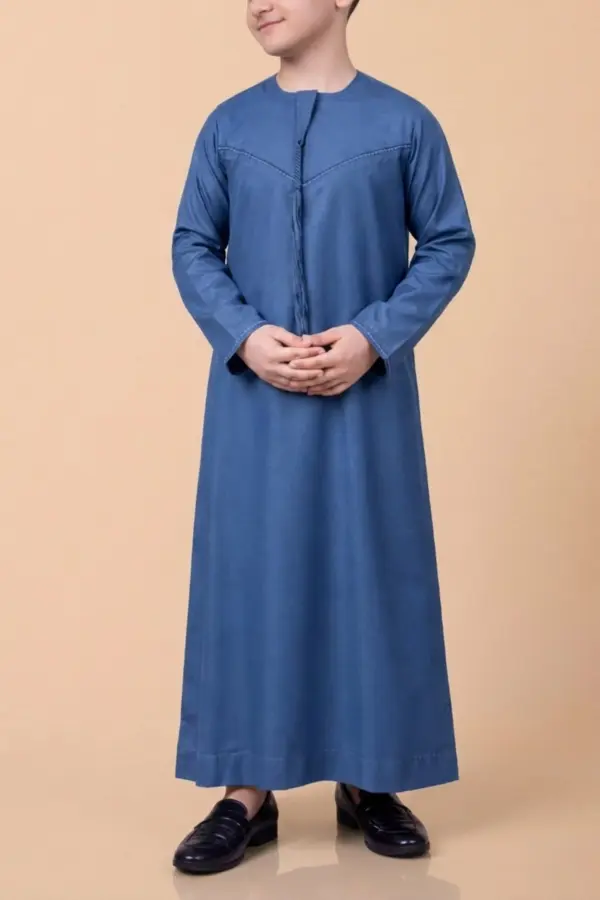 Premium Denim Blue Emirati Kids Thobe with V-Stitch Panel & Tassel Detail
