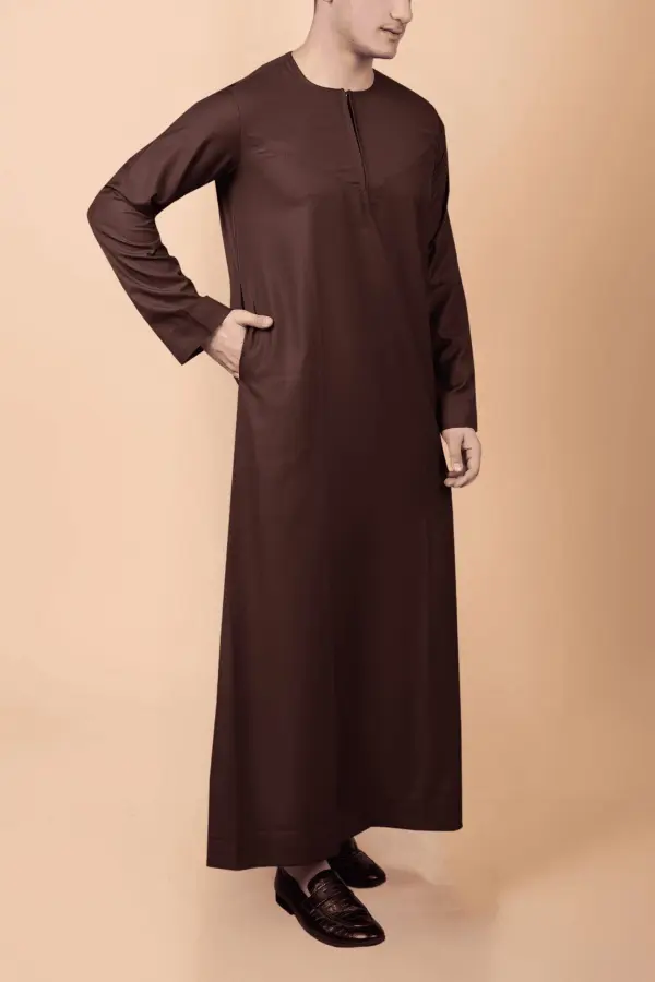 Modern Deep Brown Zip-Neck Thobe for Men – Minimal Classic Design - Image 2 - Ruby Online