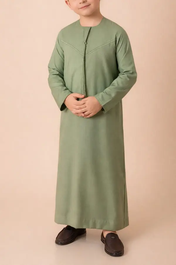 Premium Olive Green Emirati Kids Thobe with Braided V-Stitch & Tassel - Image 4 - Ruby Online