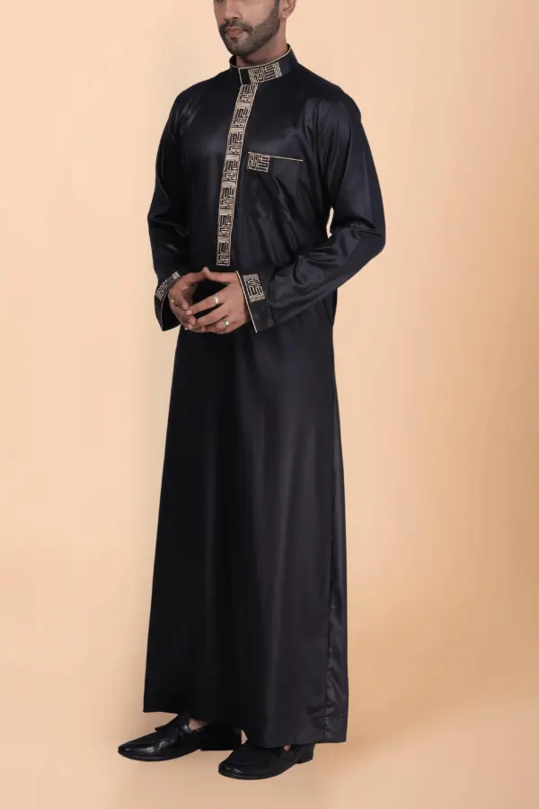 Luxury Black Designer Thobe for Men with Gold Geometric Embroidery