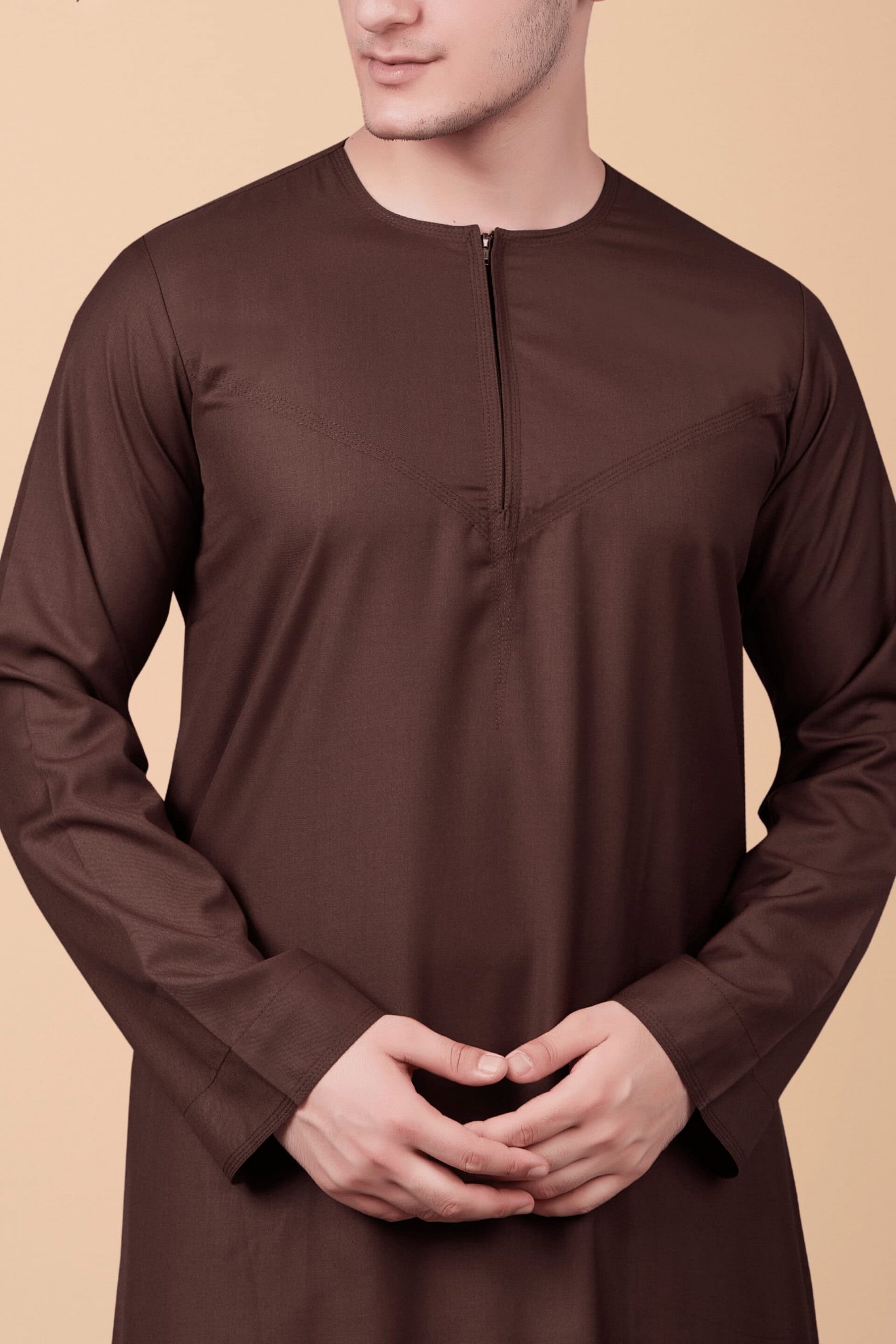 Modern Deep Brown Zip-Neck Thobe for Men – Minimal Classic Design - Image 8 - Ruby Online