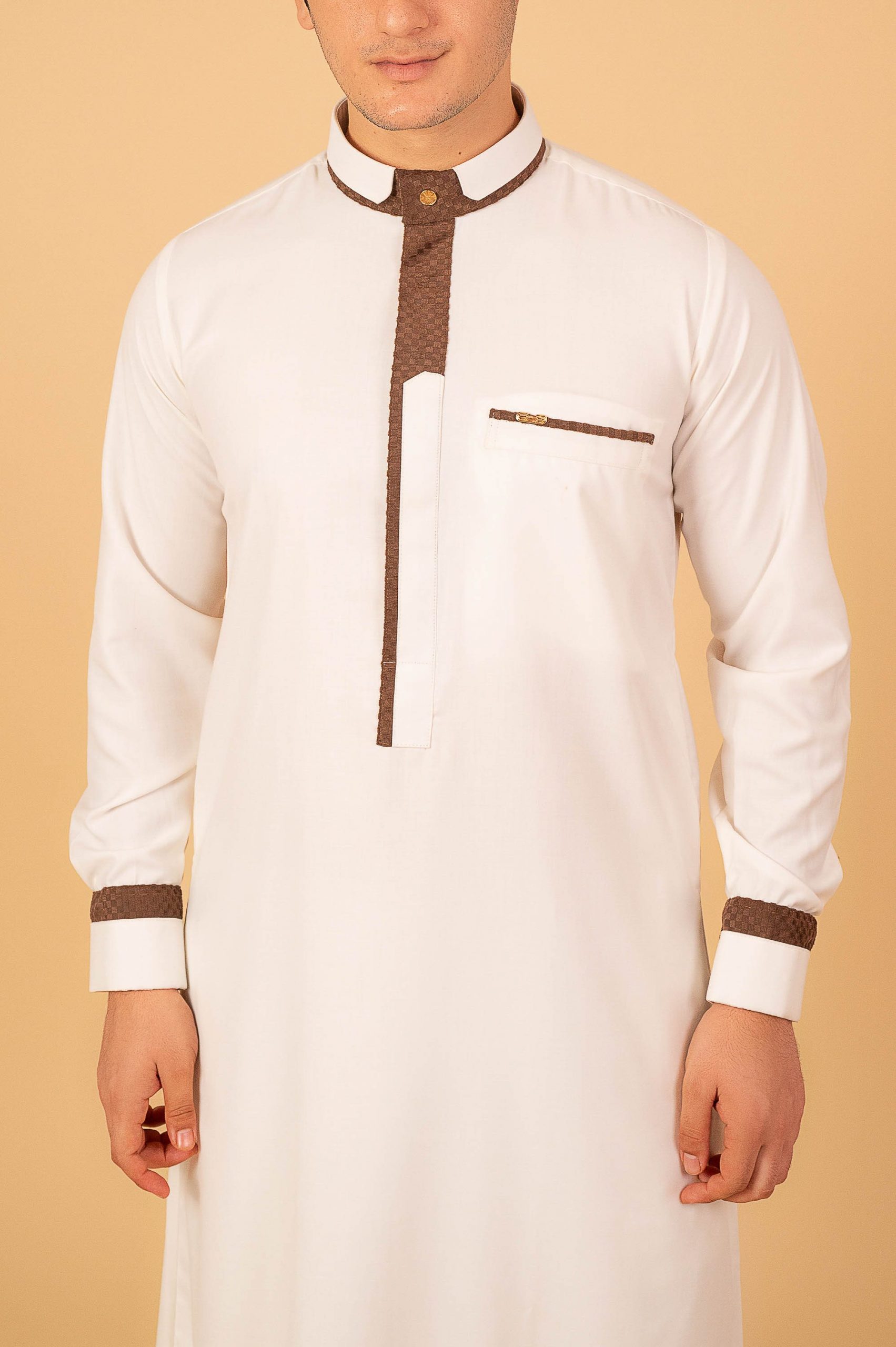 Men’s White Designer Thobe with Brown Contrast Piping – Premium Saudi Collar Kandura - Image 10 - Ruby Online