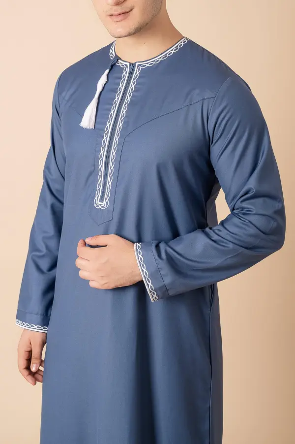 Steel Blue Omani Thobe with White Loop Embroidery & Tassel - Image 4 - Ruby Online