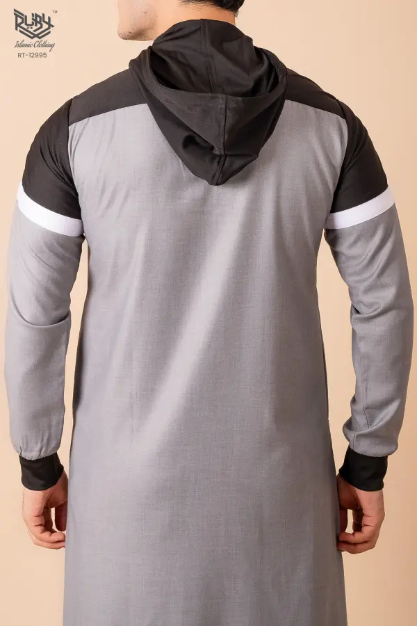 Men’s Light Grey Hooded Thobe with Black Panel & White Stripe Design - Image 5 - Ruby Online