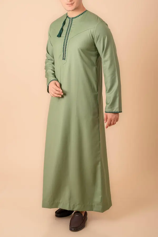 Light Olive Green Omani Thobe with Dark Green Geometric Embroidery & Tassel - Image 2 - Ruby Online