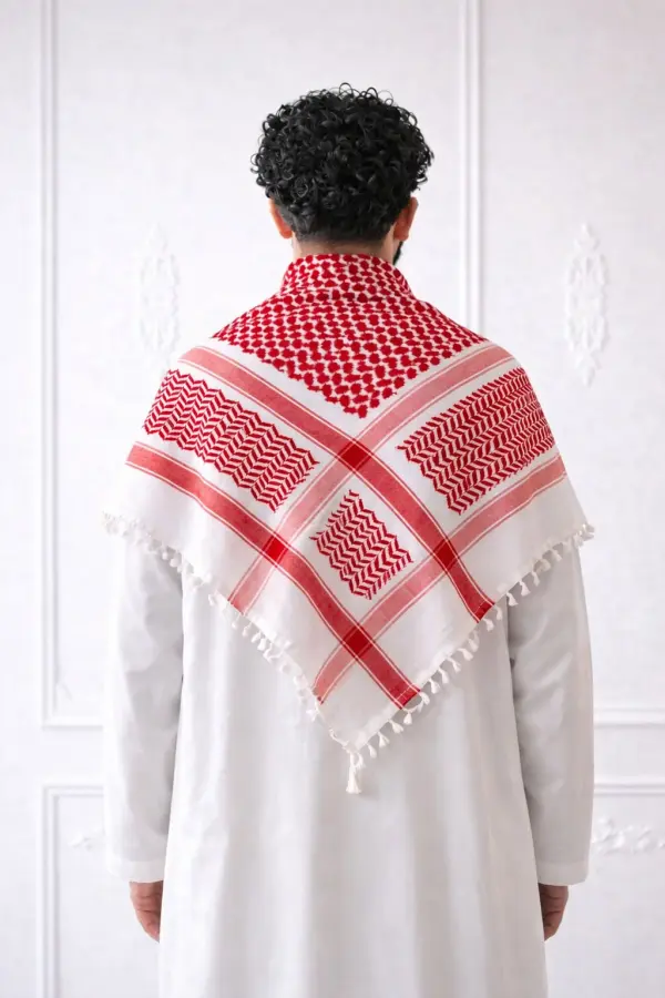 Premium Red & White Arabic Shemagh Keffiyeh – Traditional Arabic Head Scarf with Tassel Fringe - Image 5 - Ruby Online