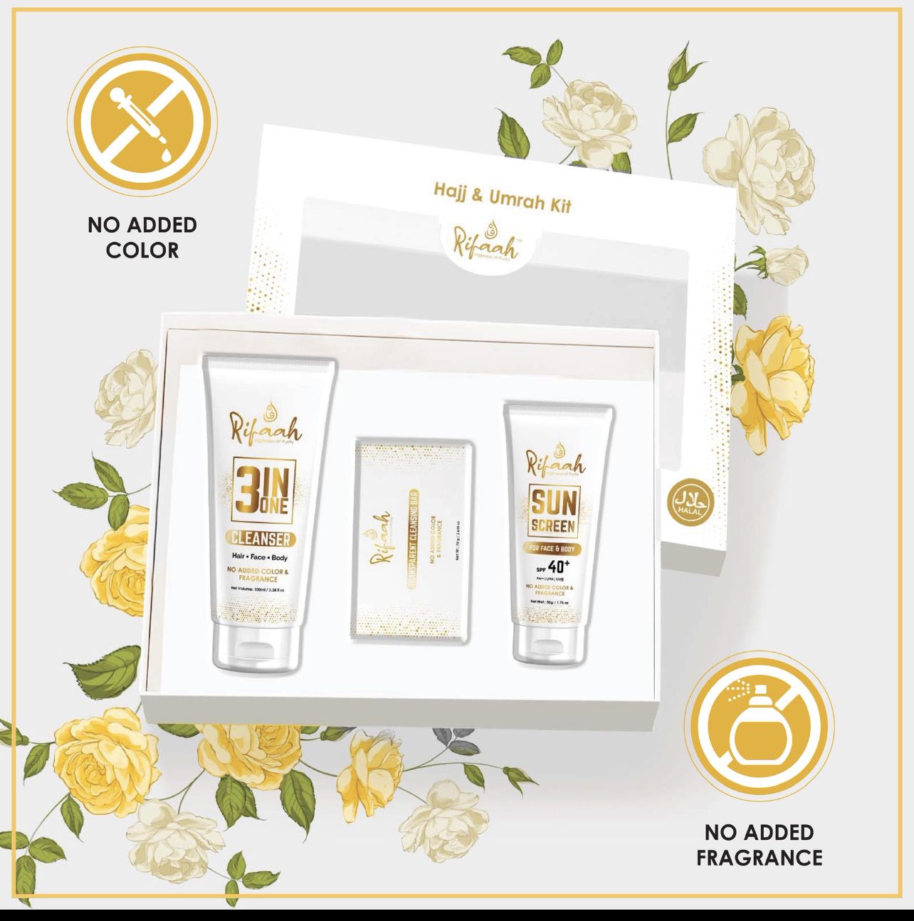 Rifaah Hajj & Umrah Travel Kit with 3-in-1 Cleanser, SPF 40+ Sunscreen & Transparent Cleansing Bar – White & Gold Halal Personal Care Set - Image 10 - Ruby Online