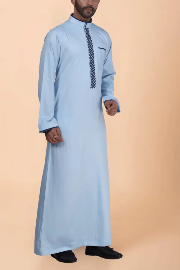 Light Blue Thobe with Navy Geometric Embroidery Strip & Band Collar - Image 4 - Ruby Online