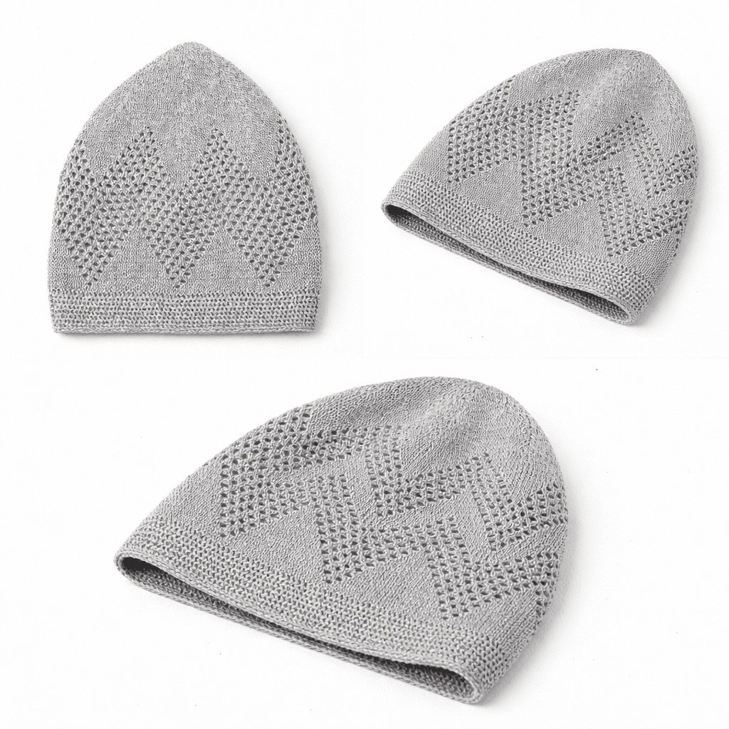 Premium Light Grey Knitted Kufi Prayer Cap for Men – Breathable Geometric Openwork Islamic Skull Cap - Image 4 - Ruby Online