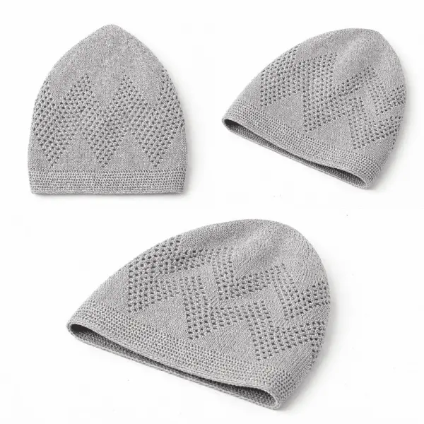 Premium Light Grey Knitted Kufi Prayer Cap for Men – Breathable Geometric Openwork Islamic Skull Cap - Image 2 - Ruby Online