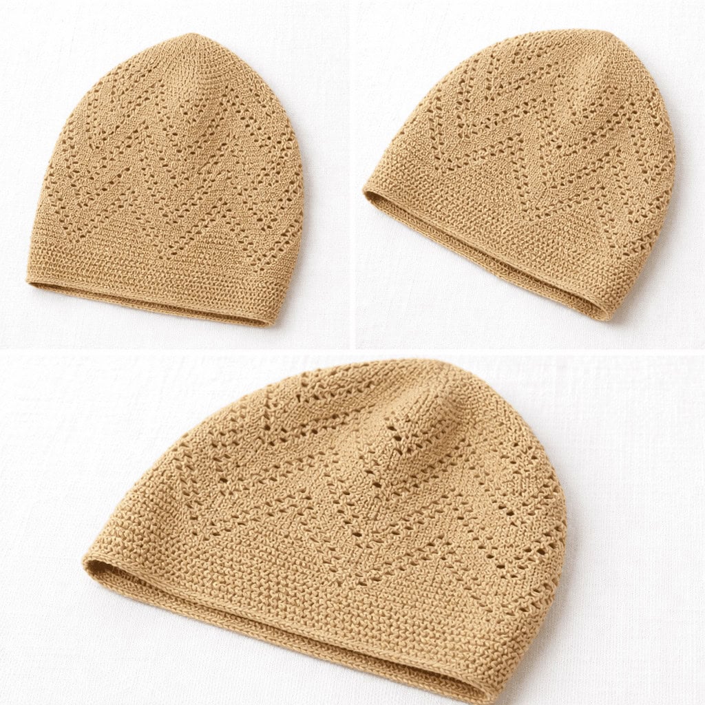 Turkey Sufi Knitted Prayer Cap for Men – Beige Islamic Kufi with Geometric Openwork Design - Image 4 - Ruby Online