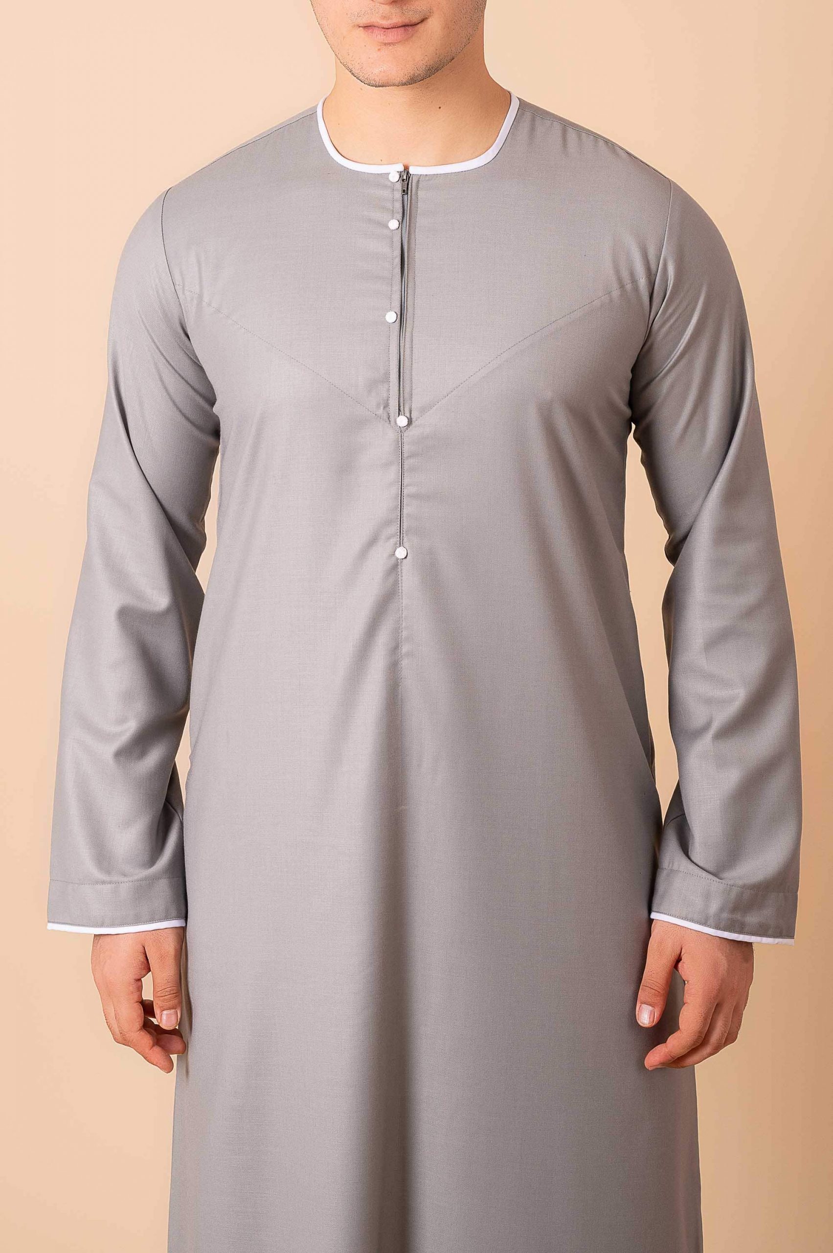 Premium Light Grey Emirati-Style Thobe with White Contrast Piping & Minimal Panel Design - Image 9 - Ruby Online