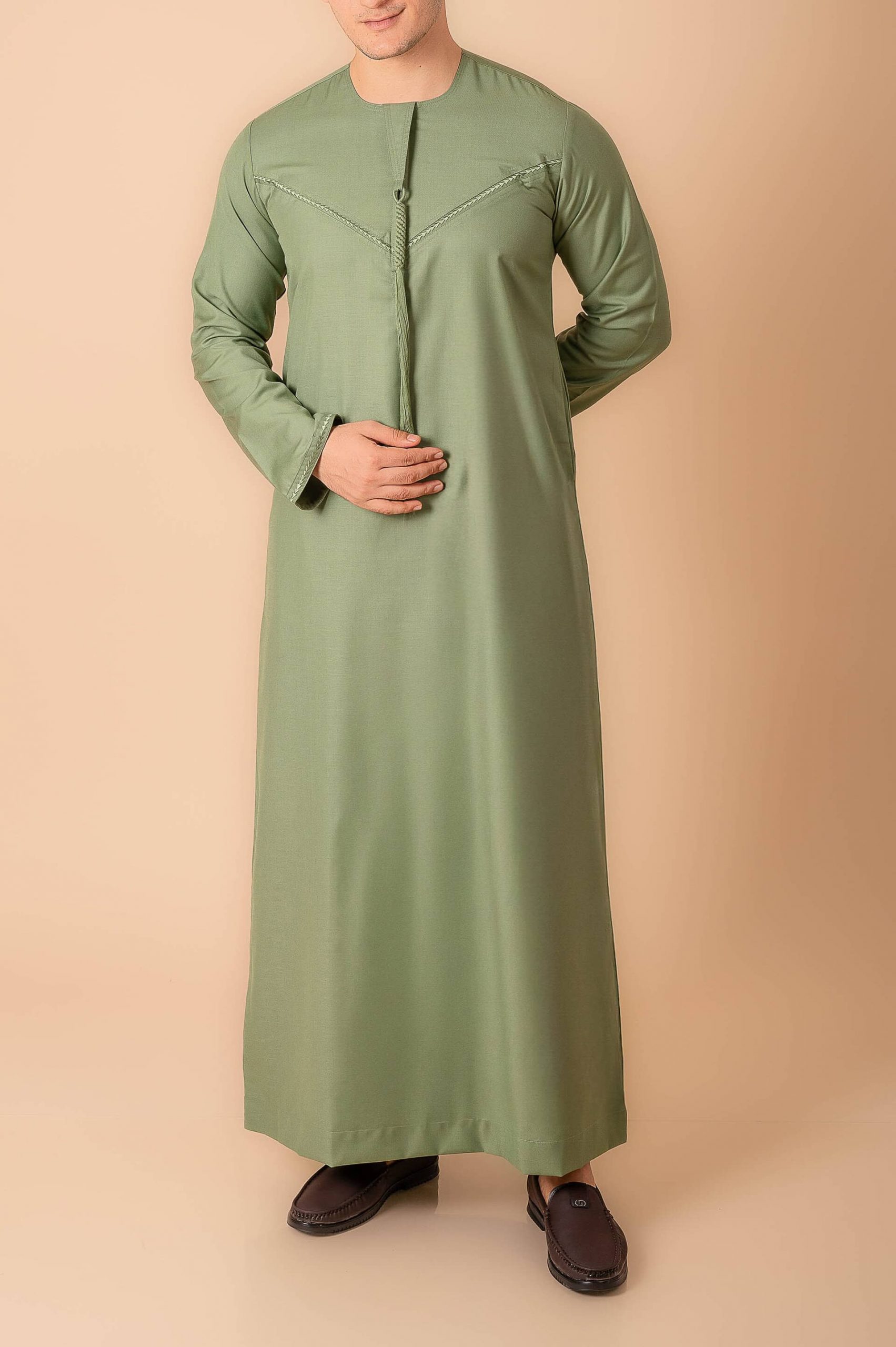 Premium Sage Green Emirati Tassel Thobe for Men – Light Grey Braided Front Kandura Design - Image 10 - Ruby Online