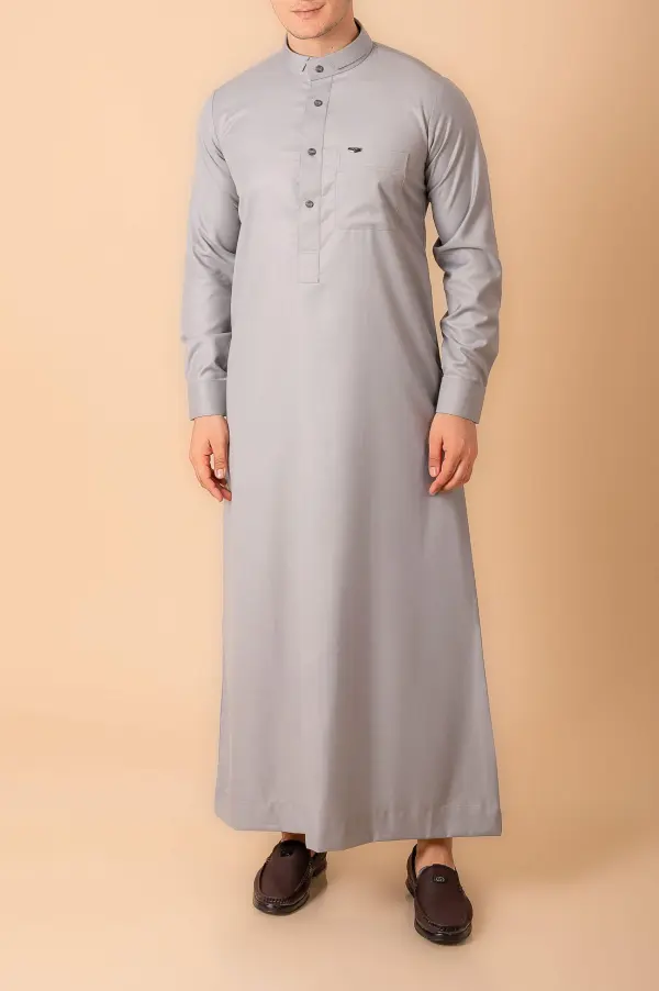 Premium Light Grey Minimalist Band-Collar Designer Thobe for Men with Metal Button Detail