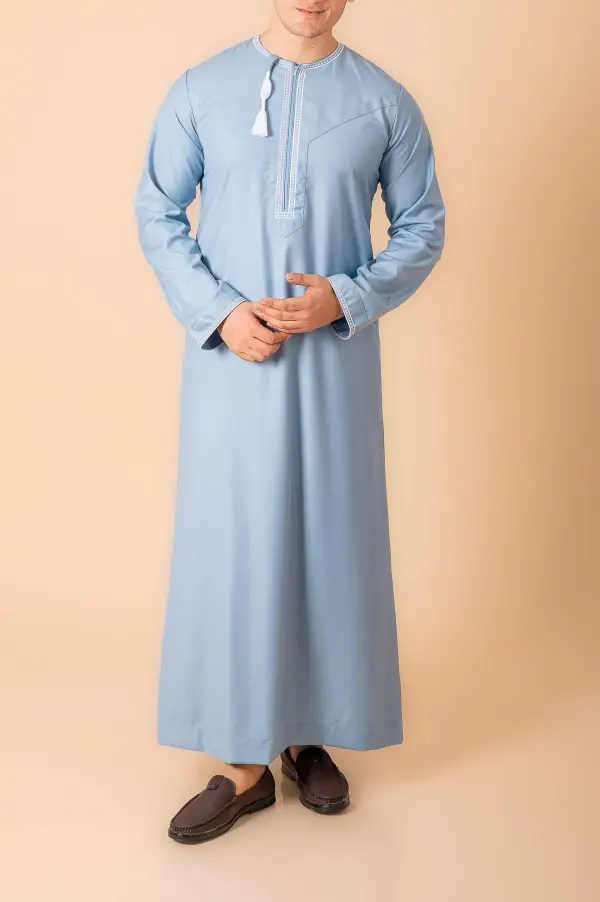 Light Sky Blue Omani Thobe with White Loop Embroidery & Tassel - Image 2 - Ruby Online