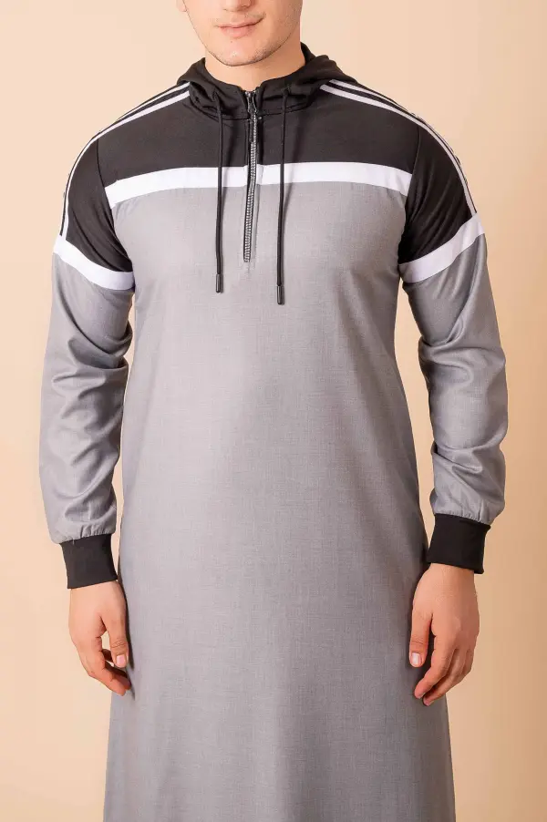 Men’s Light Grey Hooded Thobe with Black Panel & White Stripe Design - Image 4 - Ruby Online