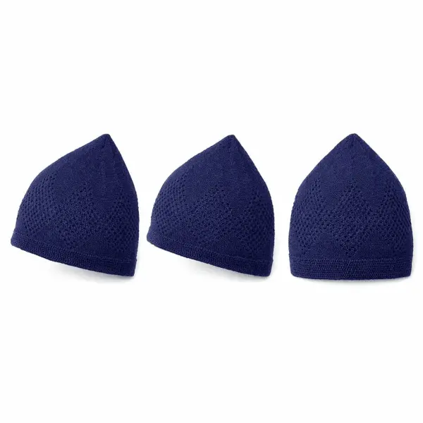 Premium Navy Blue Knitted Islamic Kufi Prayer Cap – Breathable Diamond Pattern Skull Cap for Men - Image 2 - Ruby Online