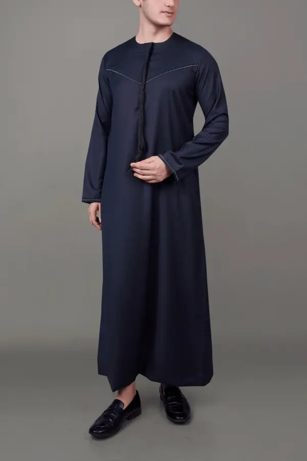 Premium Deep Dark Grey Emirati Tassel Thobe with Black Contrast Embroidery