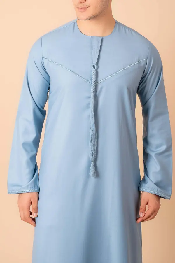 Premium Light Blue Emirati Tassel Thobe for Men – Elegant Braided Front Kandura Style - Image 5 - Ruby Online